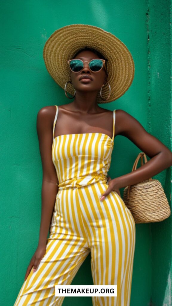 Yellow striped jumpsuit with straw hat – summer Europe outfit