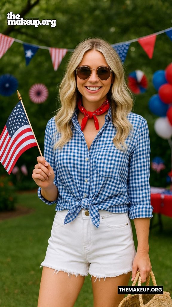 Blue Gingham Shirt White Shorts – classic July 4th combo