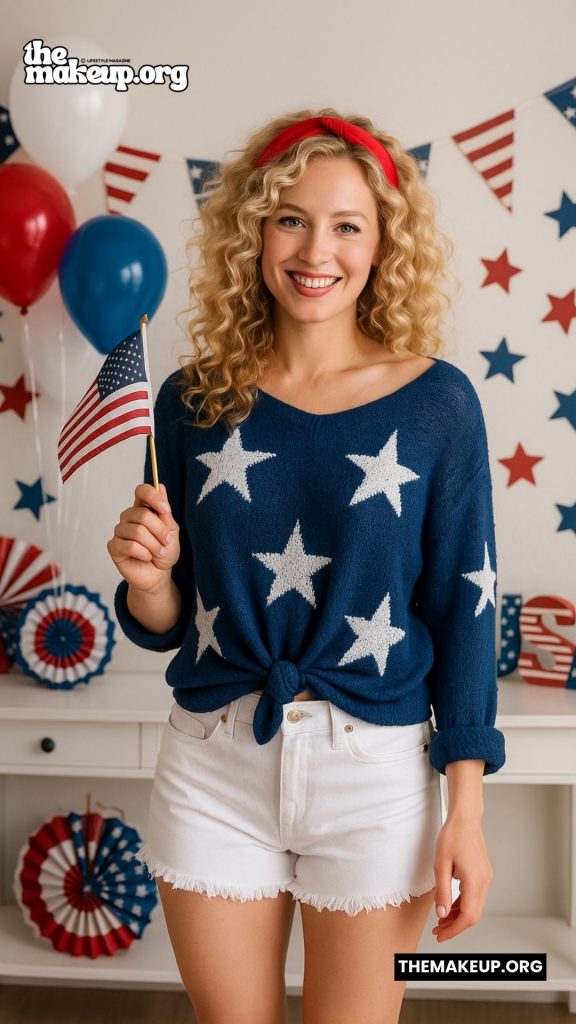 Star Sweater White Shorts Look – cozy July fourth outfit