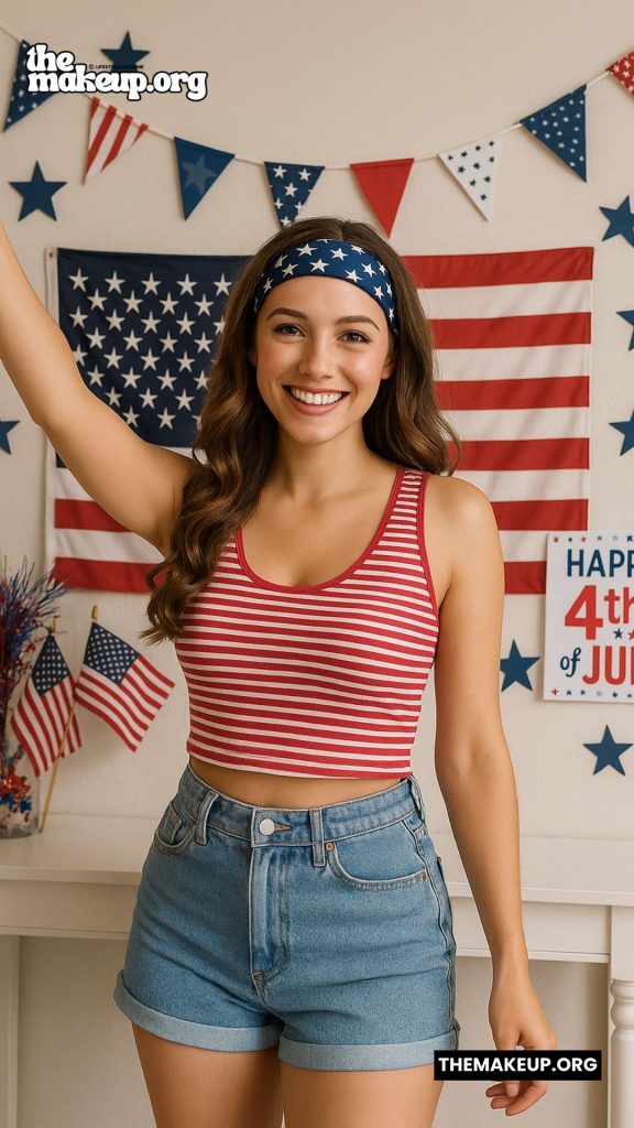 Red Stripe Tank Denim Shorts – casual festive style