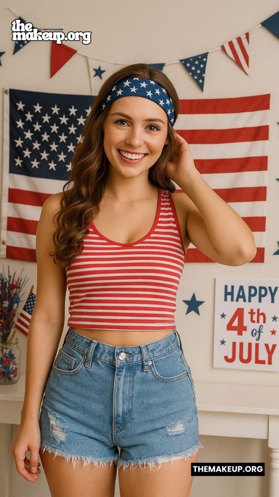 Red Stripe Tank Denim Shorts – casual festive style