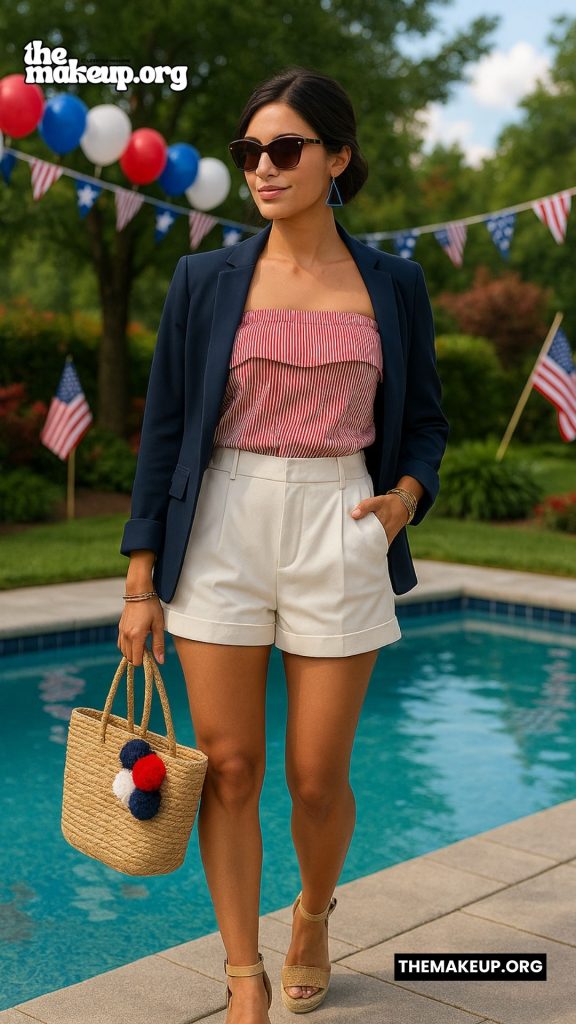 Blazer Striped Top White Shorts – classy patriotic outfit