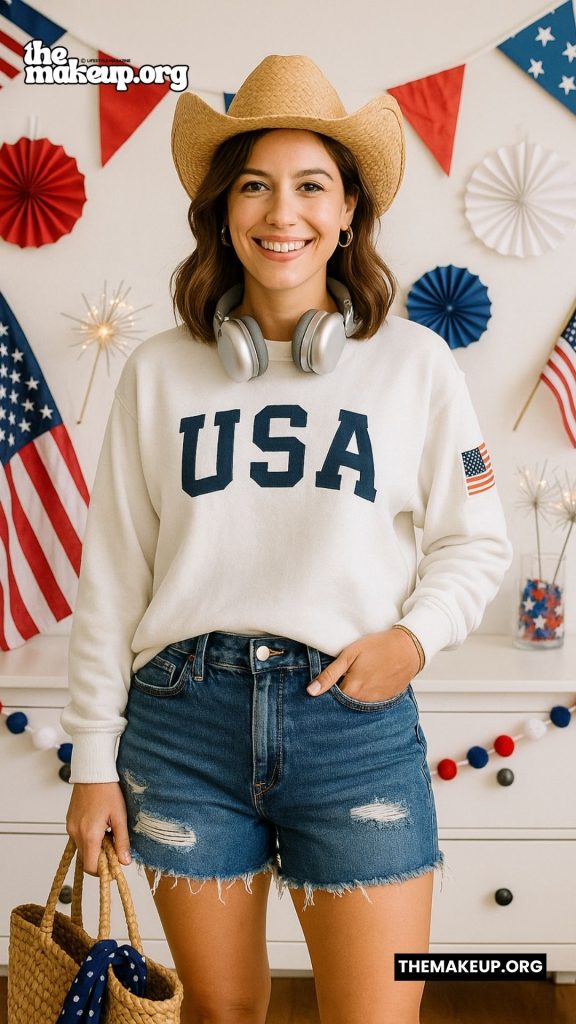 USA Sweatshirt Denim Shorts Look – relaxed patriotic outfit