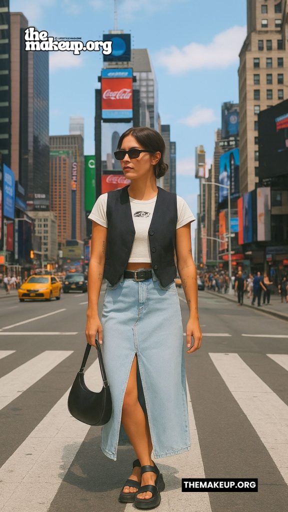 Times Square Denim Skirt Outfit — Street Style NYC Summer