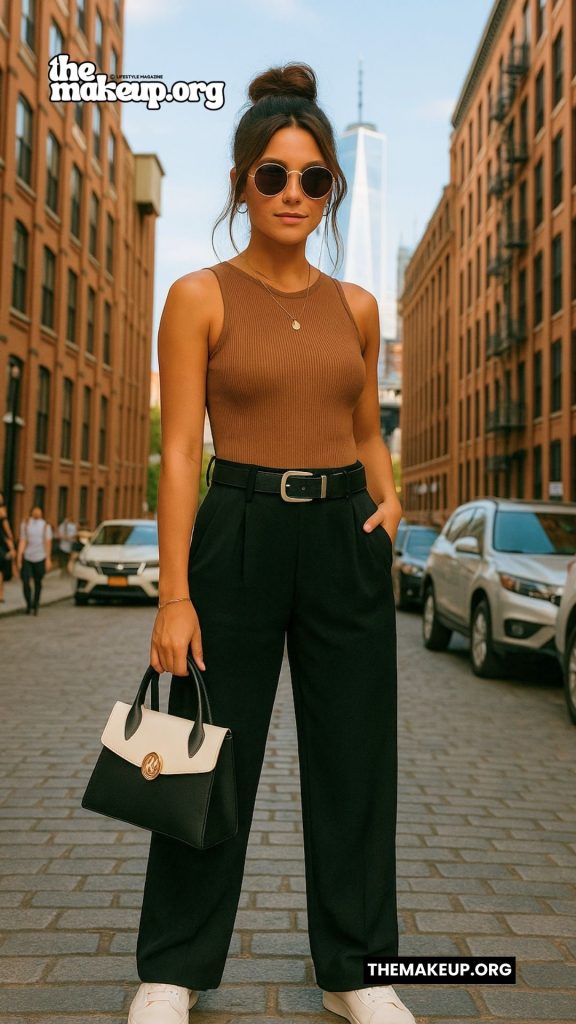 Brown Tank Black Pants Outfit — New York Summer Style
