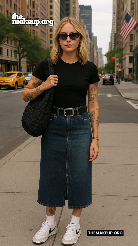 Denim Skirt Black Tee — City Edge Style