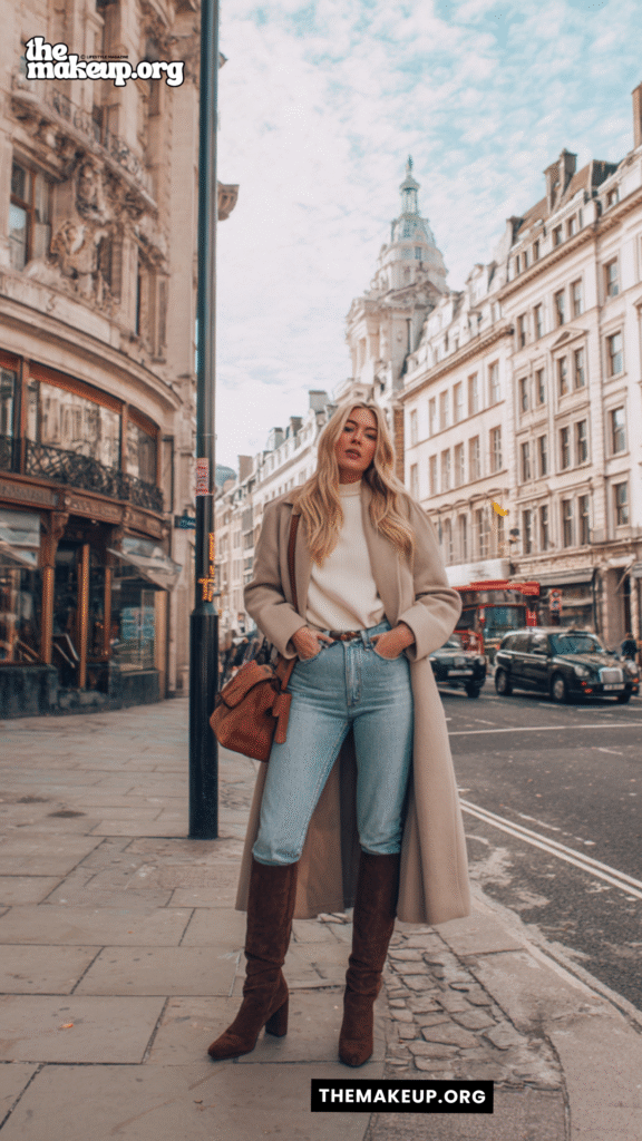 Camel Coat With Denim And Boots – stylish fall city travel