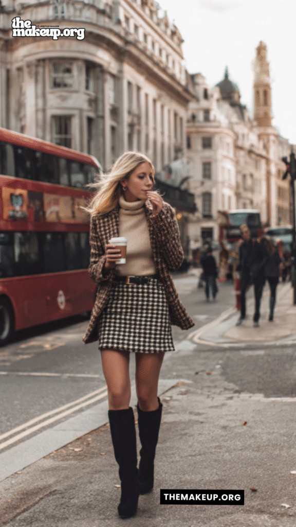Houndstooth Skirt With Knit Sweater – cozy fall travel look