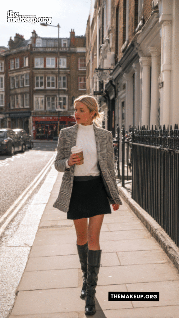 Plaid Blazer With Black Mini Skirt – classic city fall outfit