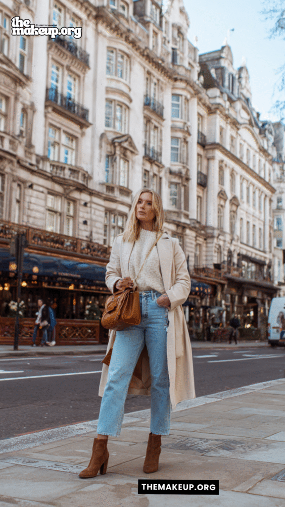 Cream Coat With Denim And Boots – soft cozy Europe outfit