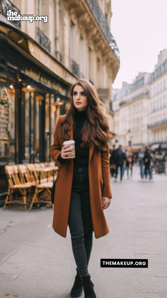 Rust Coat With Black Outfit – chic Parisian-inspired look