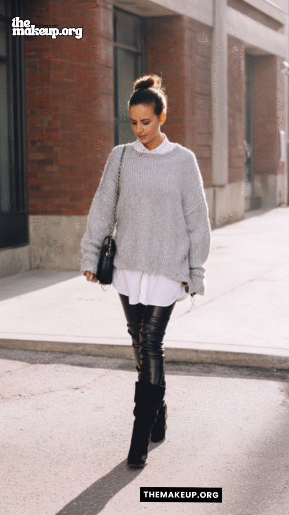 Gray Sweater With Leather Pants – modern fall travel look