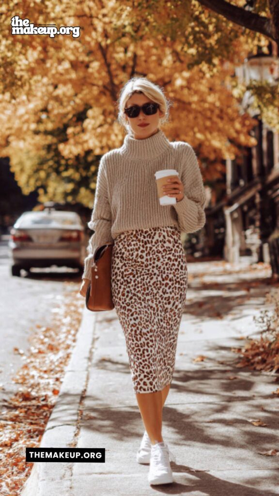 Chunky Sweater With Leopard Skirt – cozy chic autumn outfit