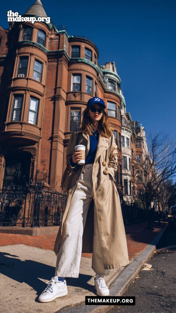 Beige Trench and Blue Cap Combo — new york coffee run outfit