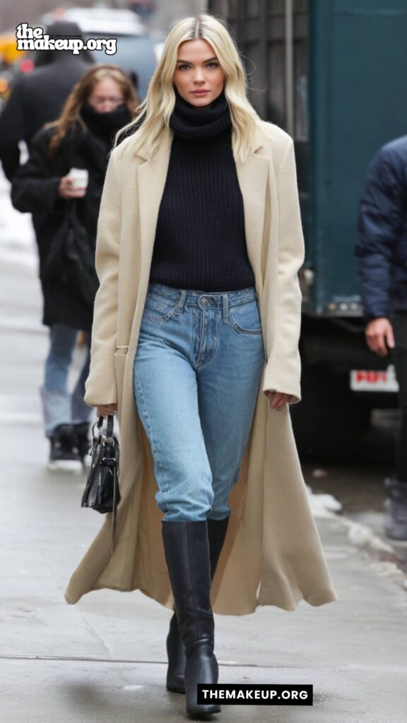 Cream Coat With Black Turtleneck — classic new york city winter style