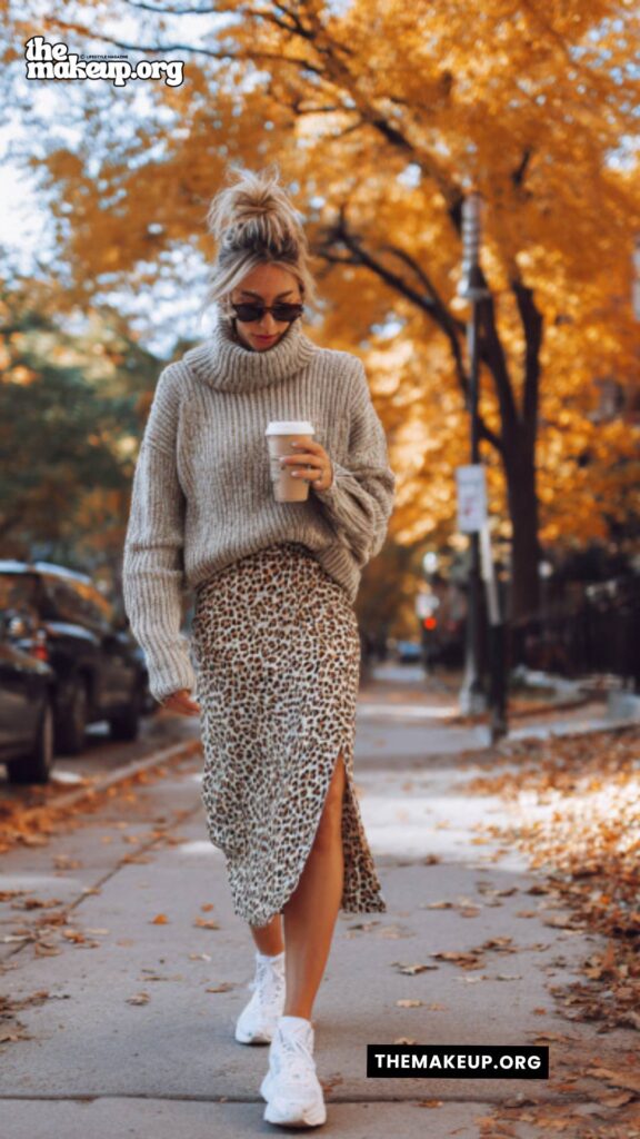 Slit Leopard Skirt Fall Look – comfy and feminine fall vibe