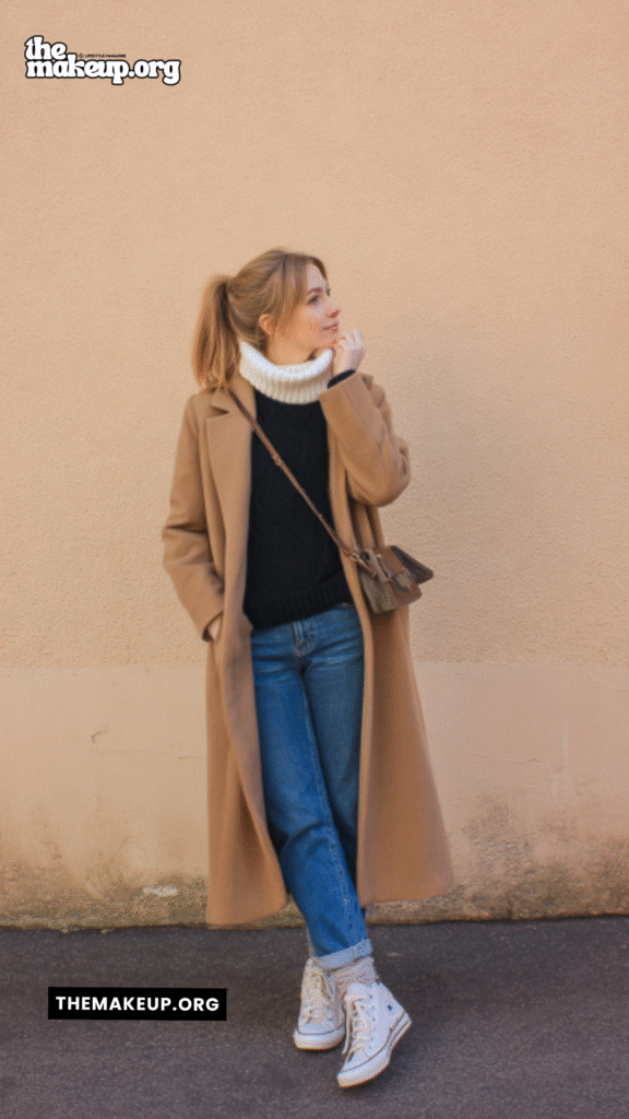 Camel Coat With White Sneakers – casual fall outfit idea