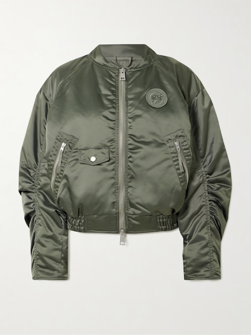 Jade appliquéd ruched padded satin bomber jacket