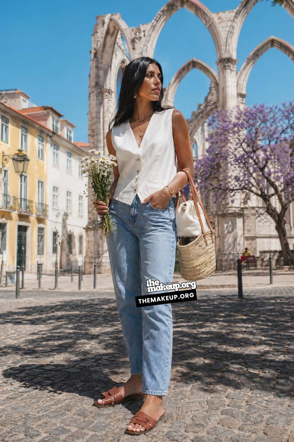 Lisbon Summer Travel Wardrobe — Cream Vest And Cobbled Streets