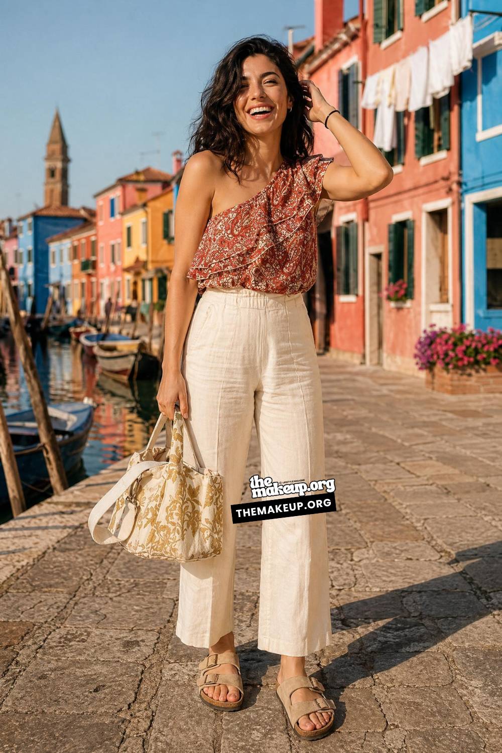 One Shoulder Print For Canal Wanders | Southern Europe Outfit Ideas