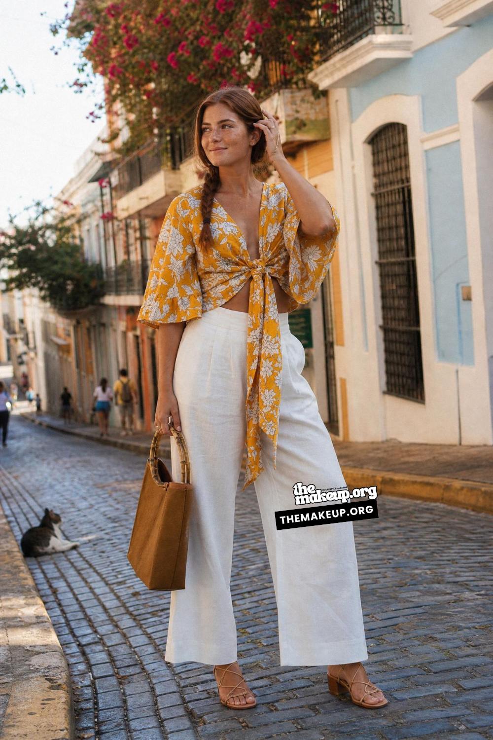 Beach Climate Outfit Ideas Europe — Floral Tie Top For Beach Streets