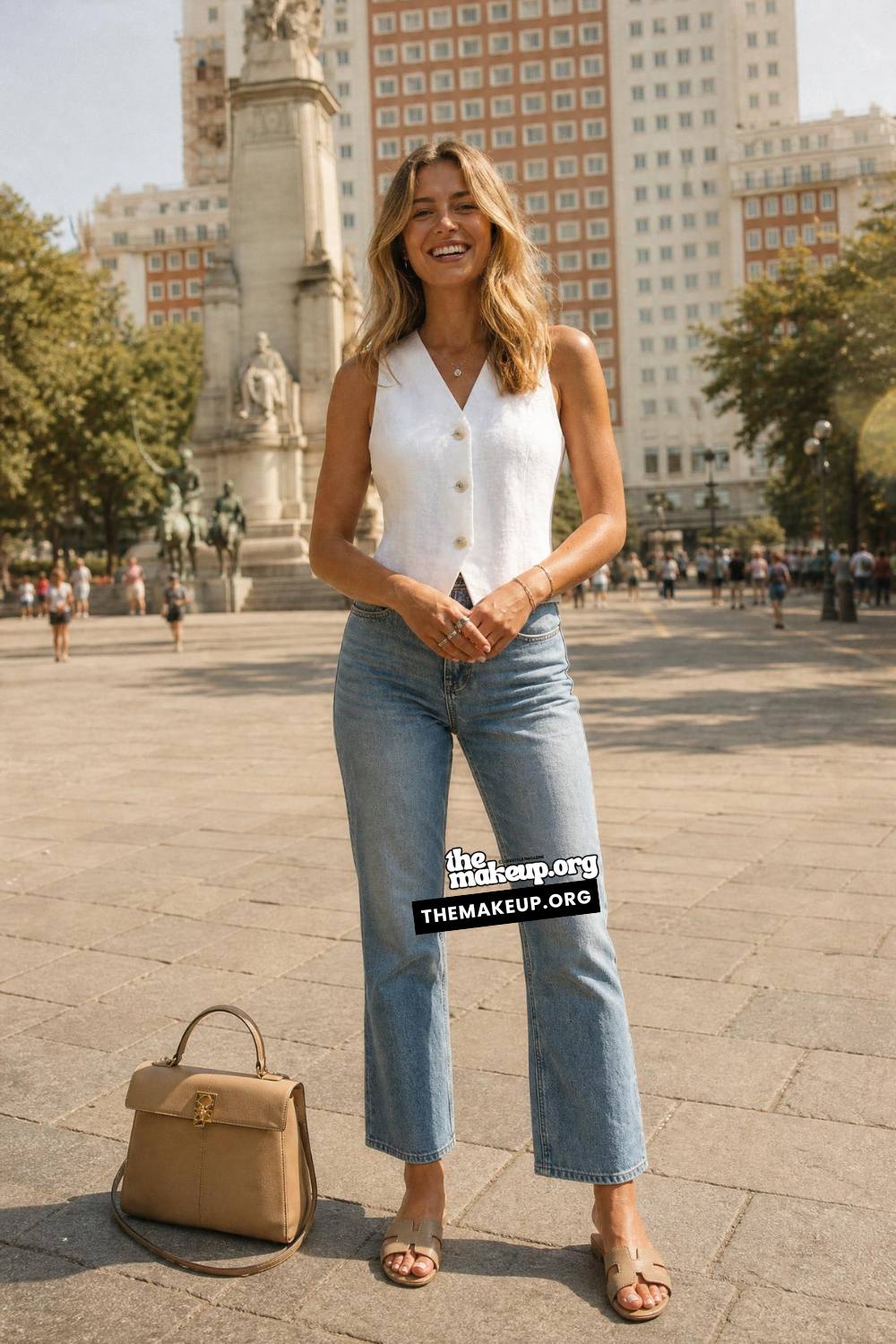 Sleeveless Vest And Plaza Denim | Madrid Travel Outfit Ideas Summer
