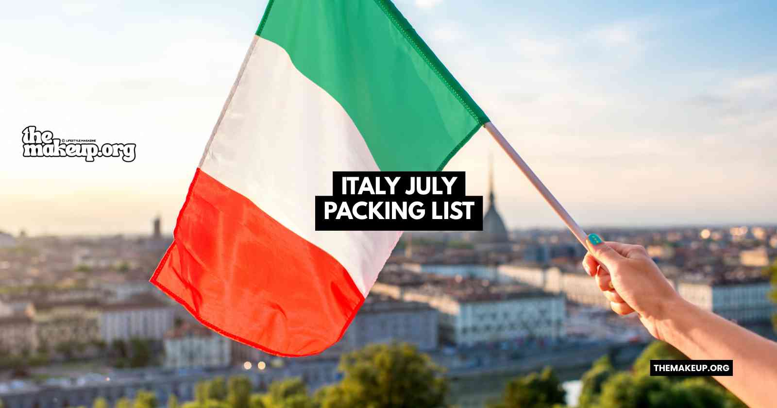 Women's packing essentials laid out for Italy in July, including light linen clothes, sandals, and sunscreen
