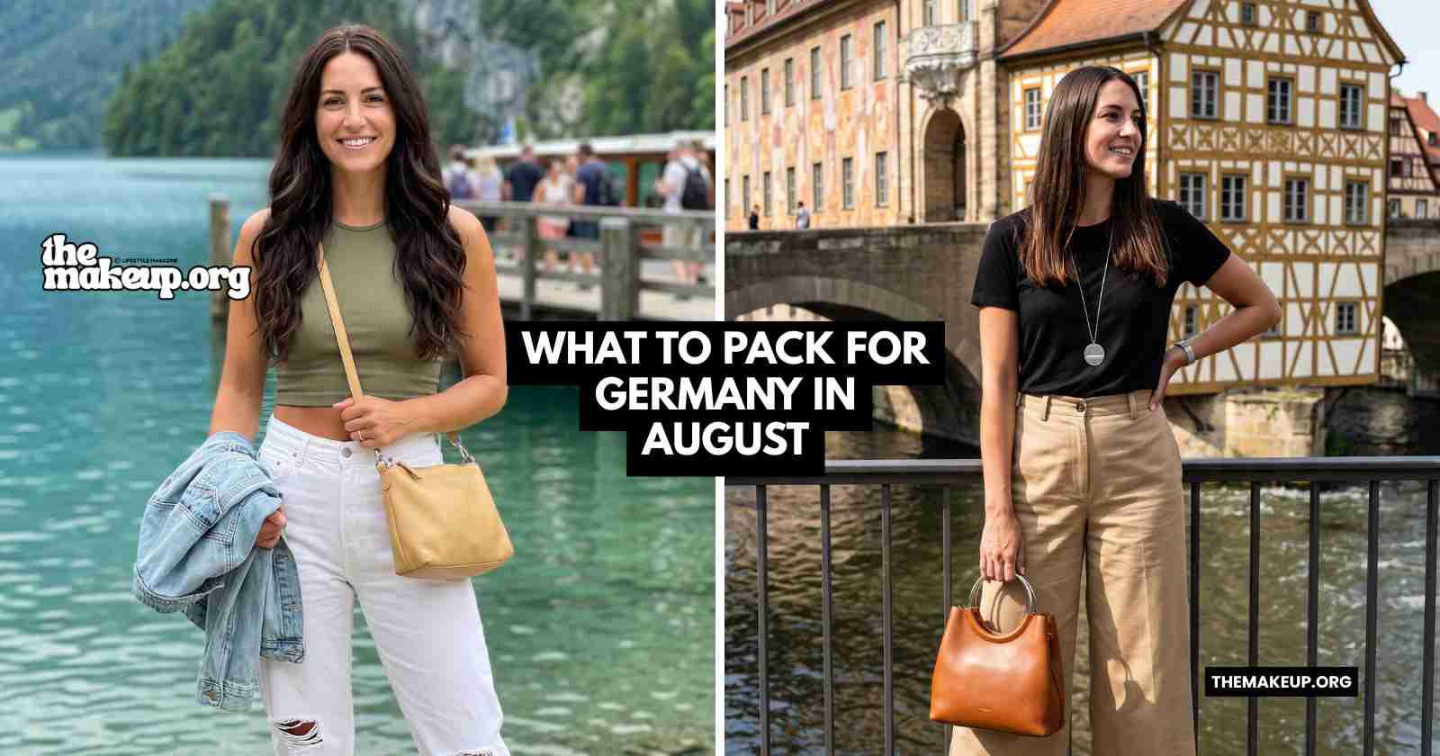 Flat lay of a travel packing list for Germany in August with summer clothes, walking shoes, and a small backpack