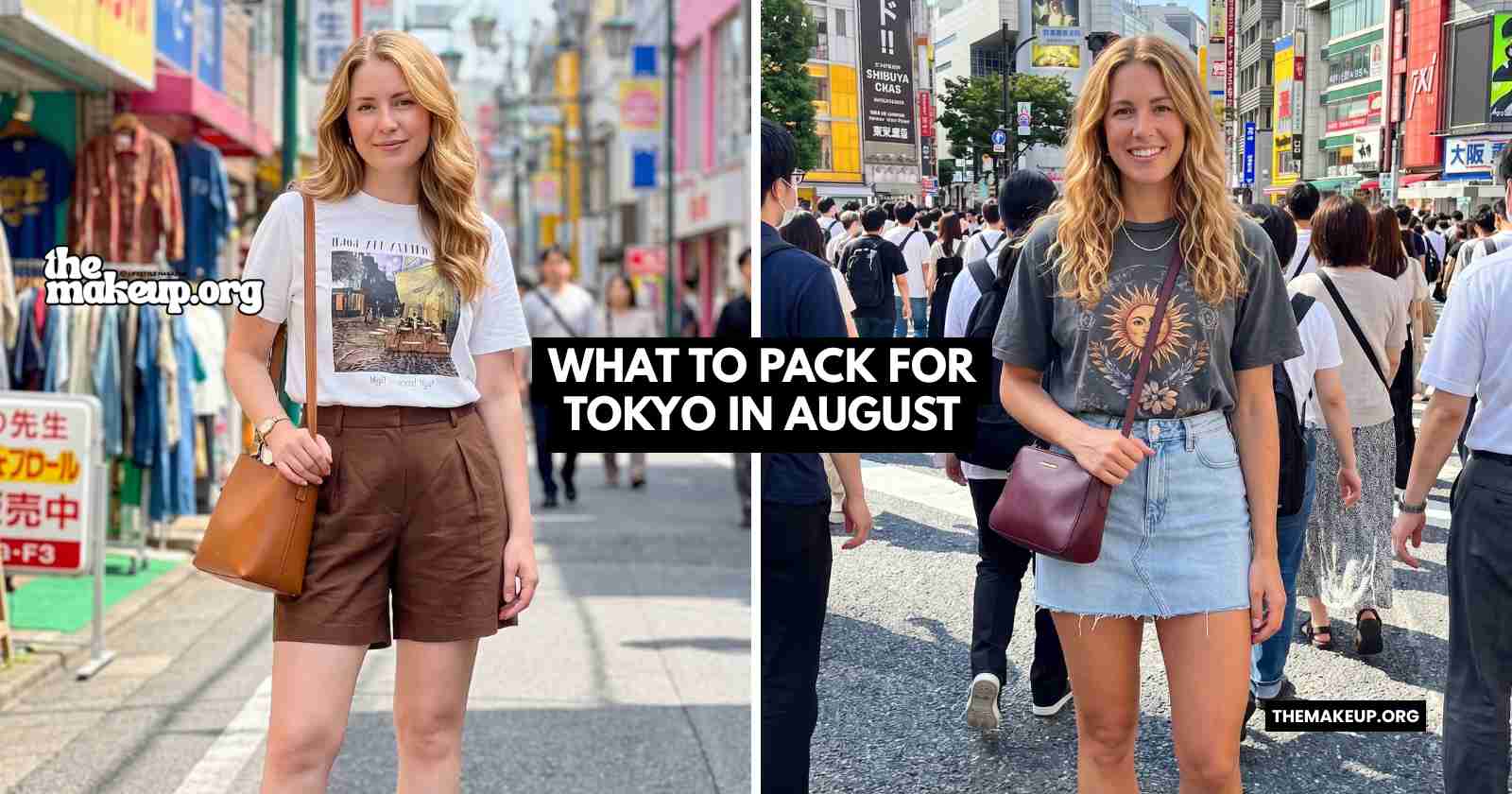 Packing flat lay for Tokyo in August with lightweight clothes, walking shoes, and a small crossbody bag