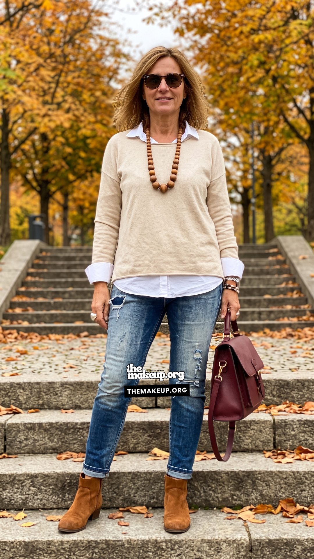Long Sleeve Tee And Distressed Jeans For Casual Women Over 50