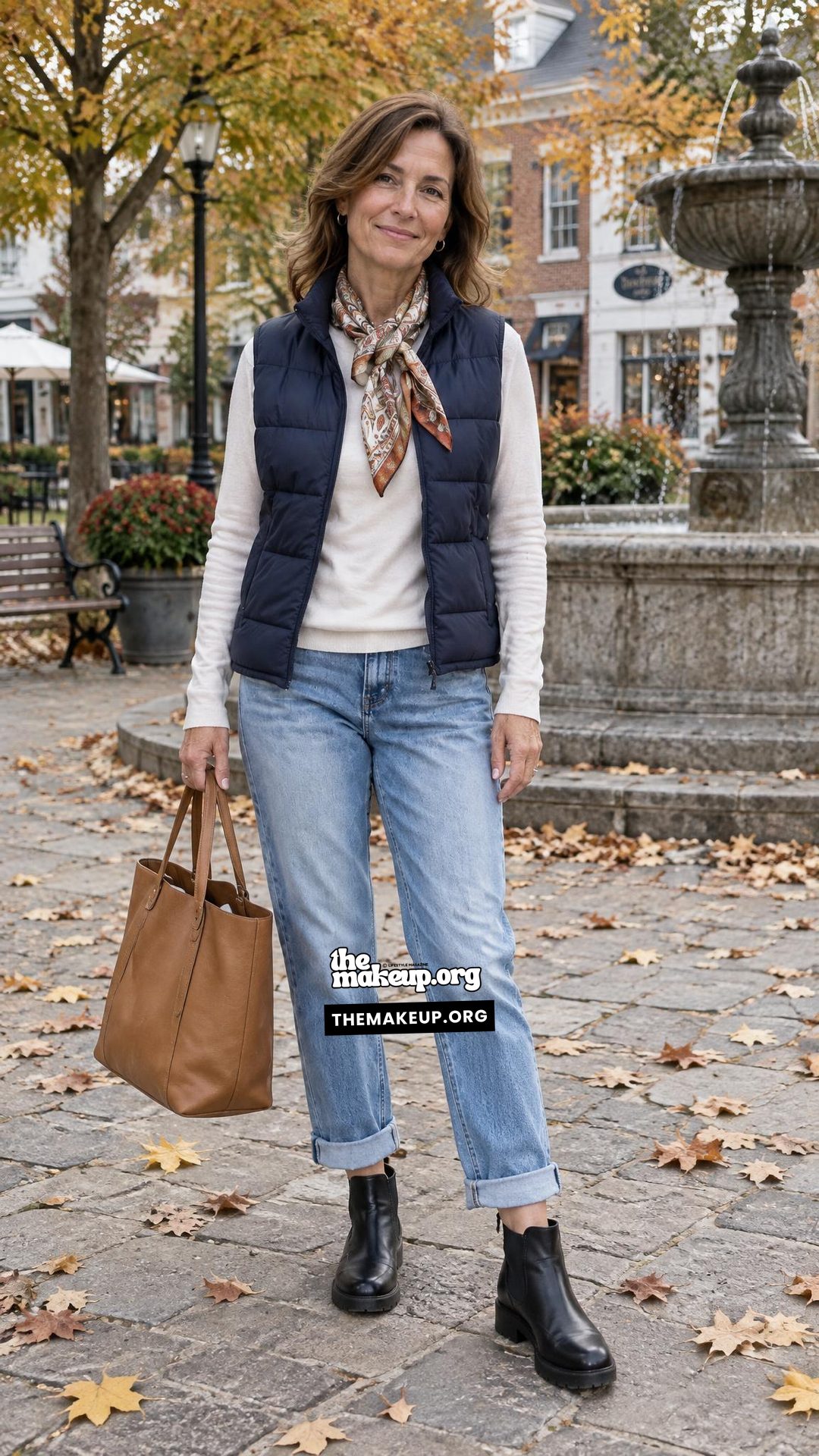 Puffer Vest And Jeans Outfit For A Casual Women Over 50 Trip